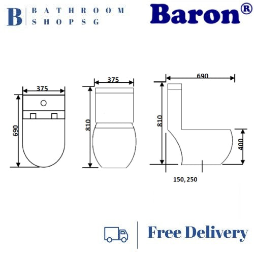 Baron W818 One Piece Wash Down Rimless Toilet Bowl with Urea Seat Cover