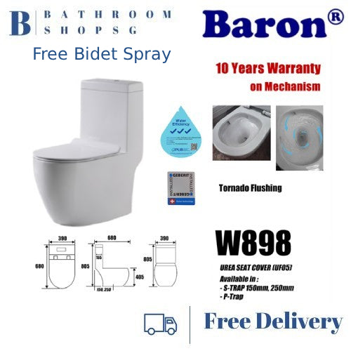 [Free Bidet Spray]Baron Rimless Tornado Flush One Piece Toilet Bowl | Geberit Flushing System | Baron W898 WC