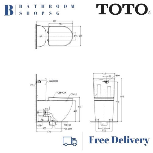 TOTO C761E Close Coupled Toilet Bowl bundle with Electric Washlet Bidet TCF4732A