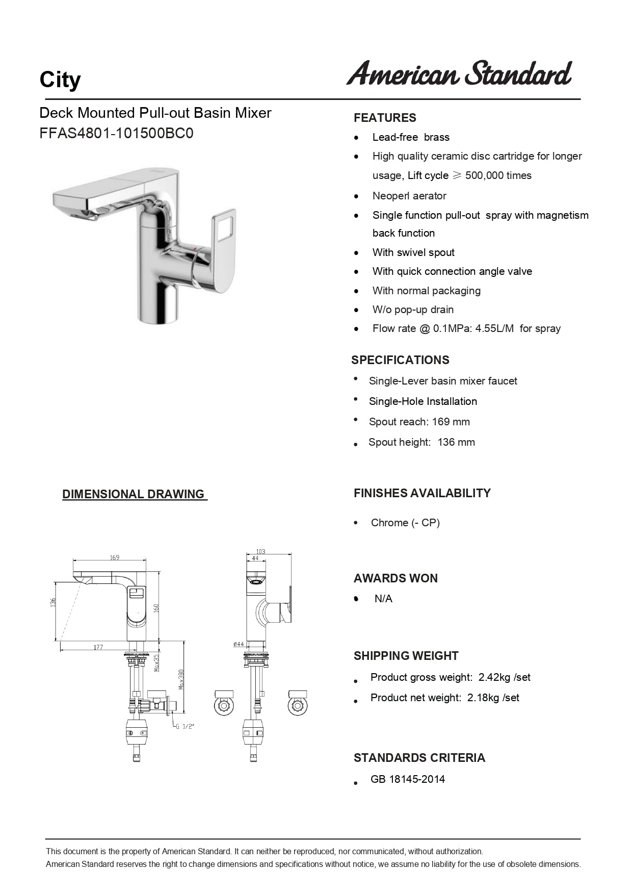 American Standard City Pull-Out Basin Mixer Faucet FFAS4801-101500BC0