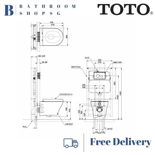 TOTO CW162Y Wall Hung Rimless Toilet Bowl bundle with TCF34320GAA Washlet S5 Electric Bidet Seat