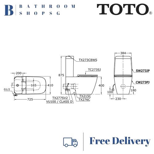 TOTO Alisei Close Coupled Toilet Bowl CW273PJ with Seat Cover