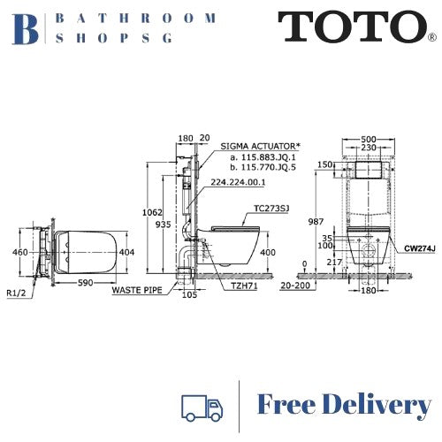 TOTO Alisei Wall Hung Toilet Bowl CW274J With Seat and Cover