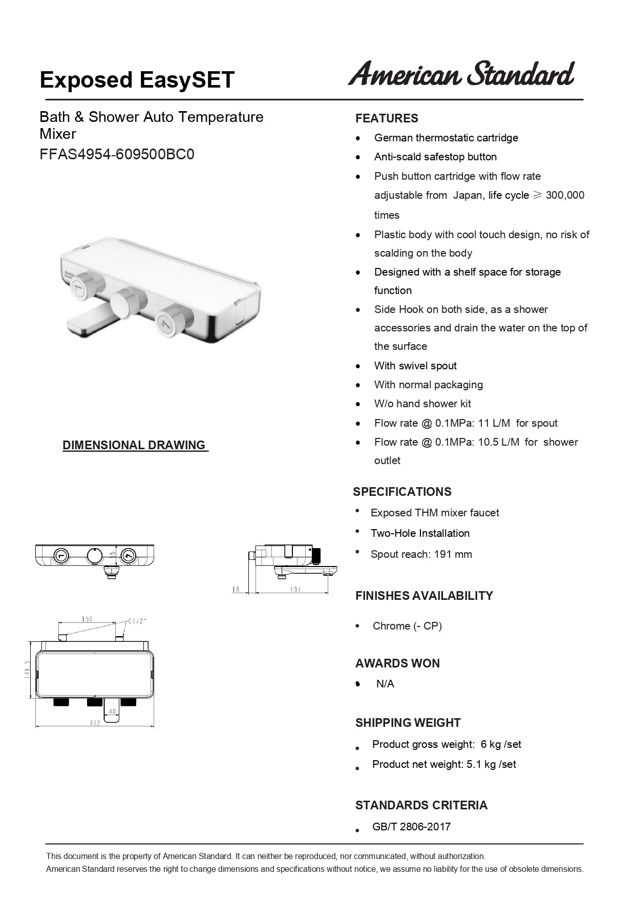 [Year-End/CNY Promo]American Standard Easyset Exposed Shower Bundle Set Auto Temperature Bath Mixer