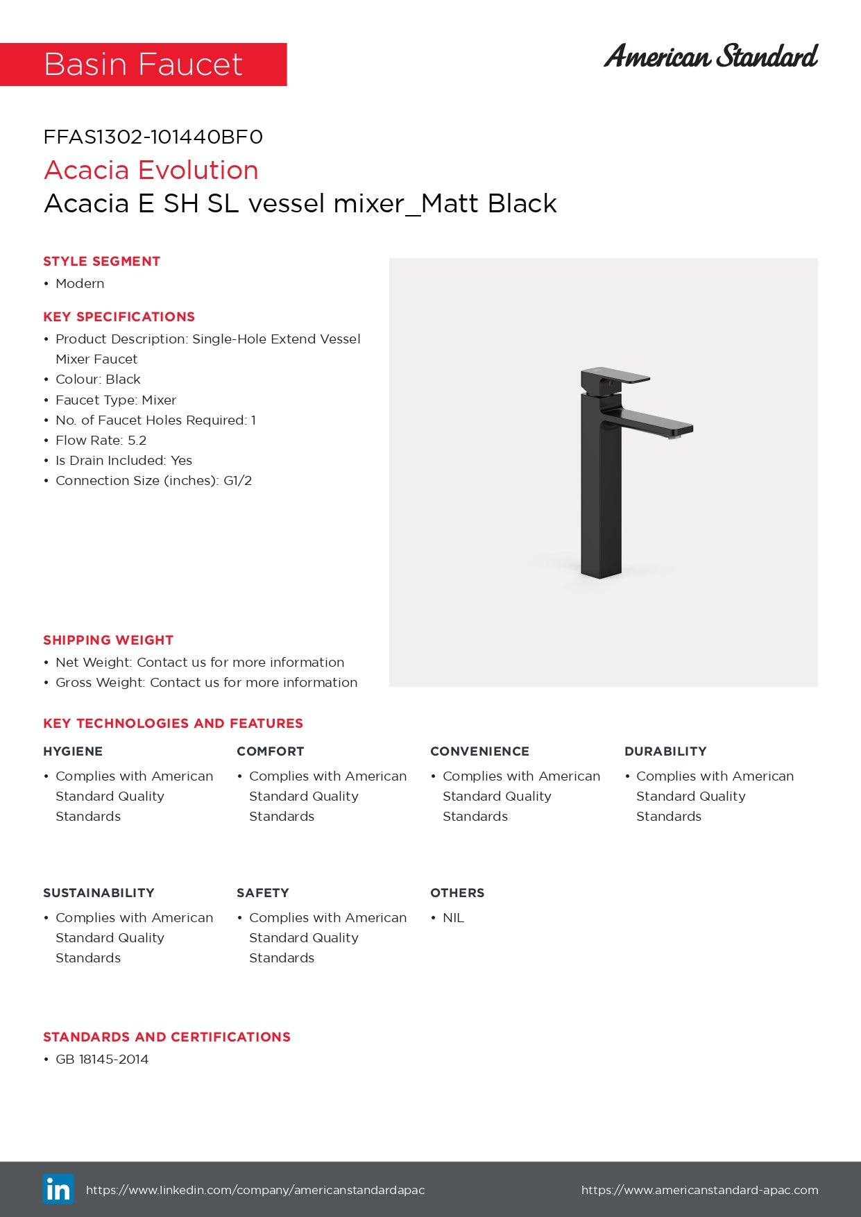 American Standard Acacia E Extended Basin Mixer With Pop-up Drain FFAS1302-101440BF0 Matt Black