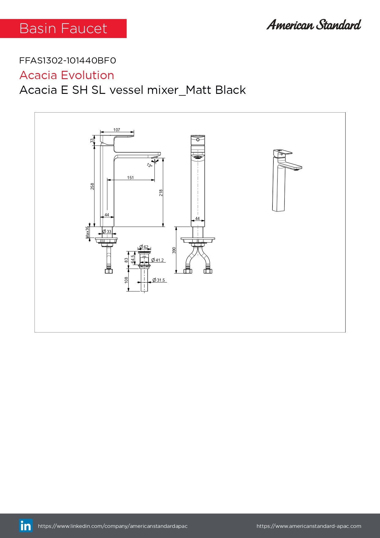 American Standard Acacia E Extended Basin Mixer With Pop-up Drain FFAS1302-101440BF0 Matt Black