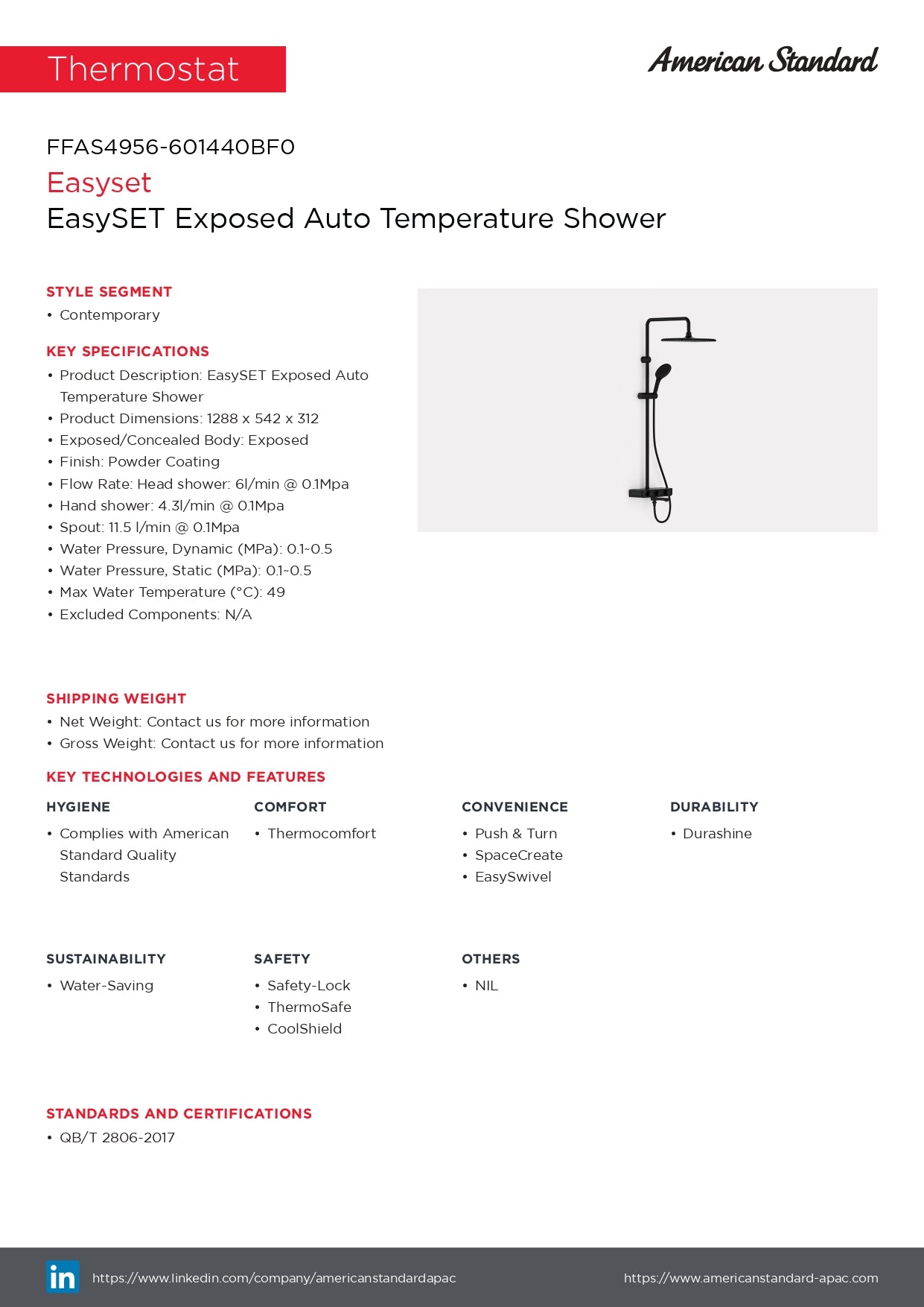 American Standard EasySET Exposed Auto Temperature Rainshower System FFAS4956-601440BF0 Matt Black