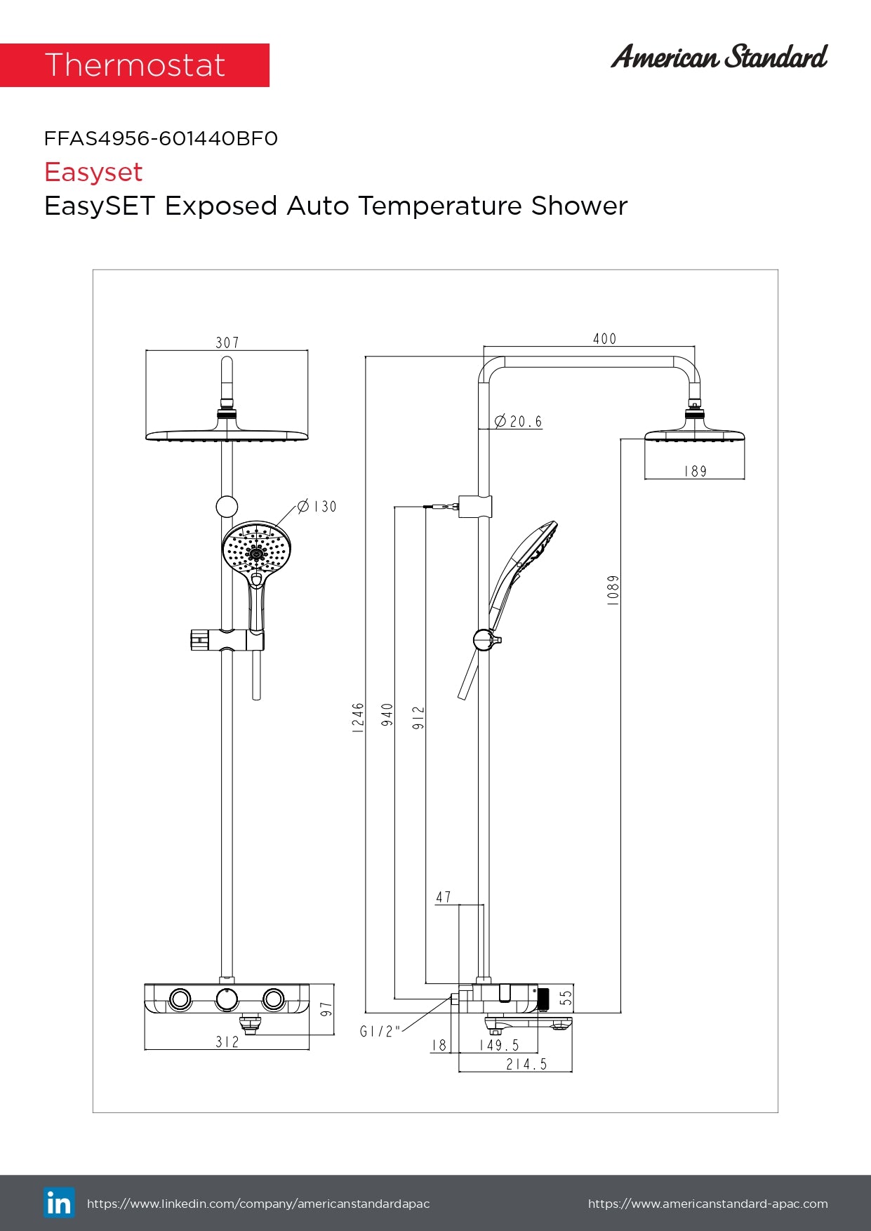 American Standard EasySET Exposed Auto Temperature Rainshower System FFAS4956-601440BF0 Matt Black