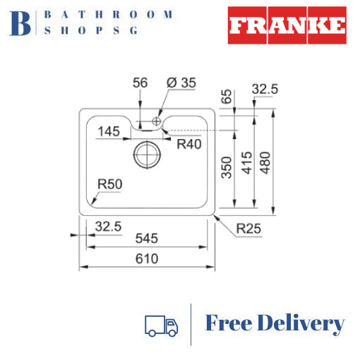 Franke Bell Series Single Bowl Undermount Stainless Steel Kitchen Sink BCX 110-55TL
