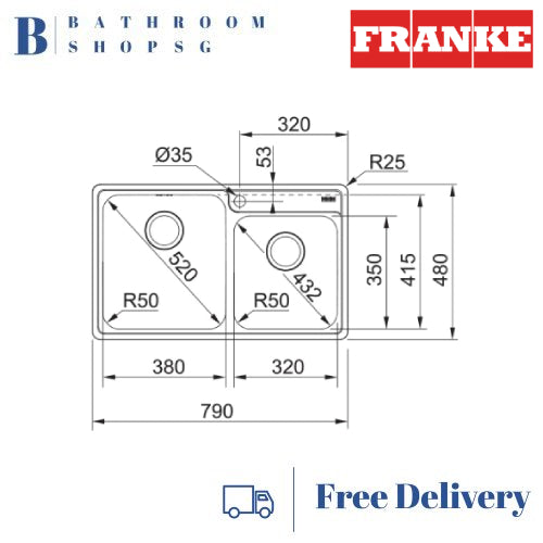 Franke Bell Series Double Bowl Drop-in Stainless Steel Kitchen Sink BCX 620-38-32