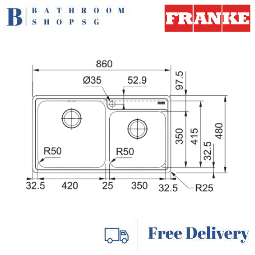 Franke Bell Series Double Bowl Drop-in Stainless Steel Kitchen Sink BCX 620-42-35