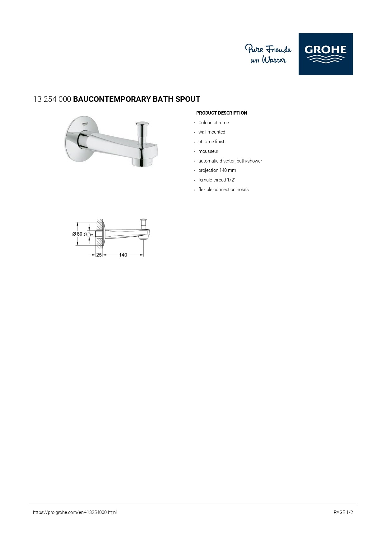 Grohe BauContemporary Wall Mounted Bath Spout 13254000 | Grohe Bath Inlet