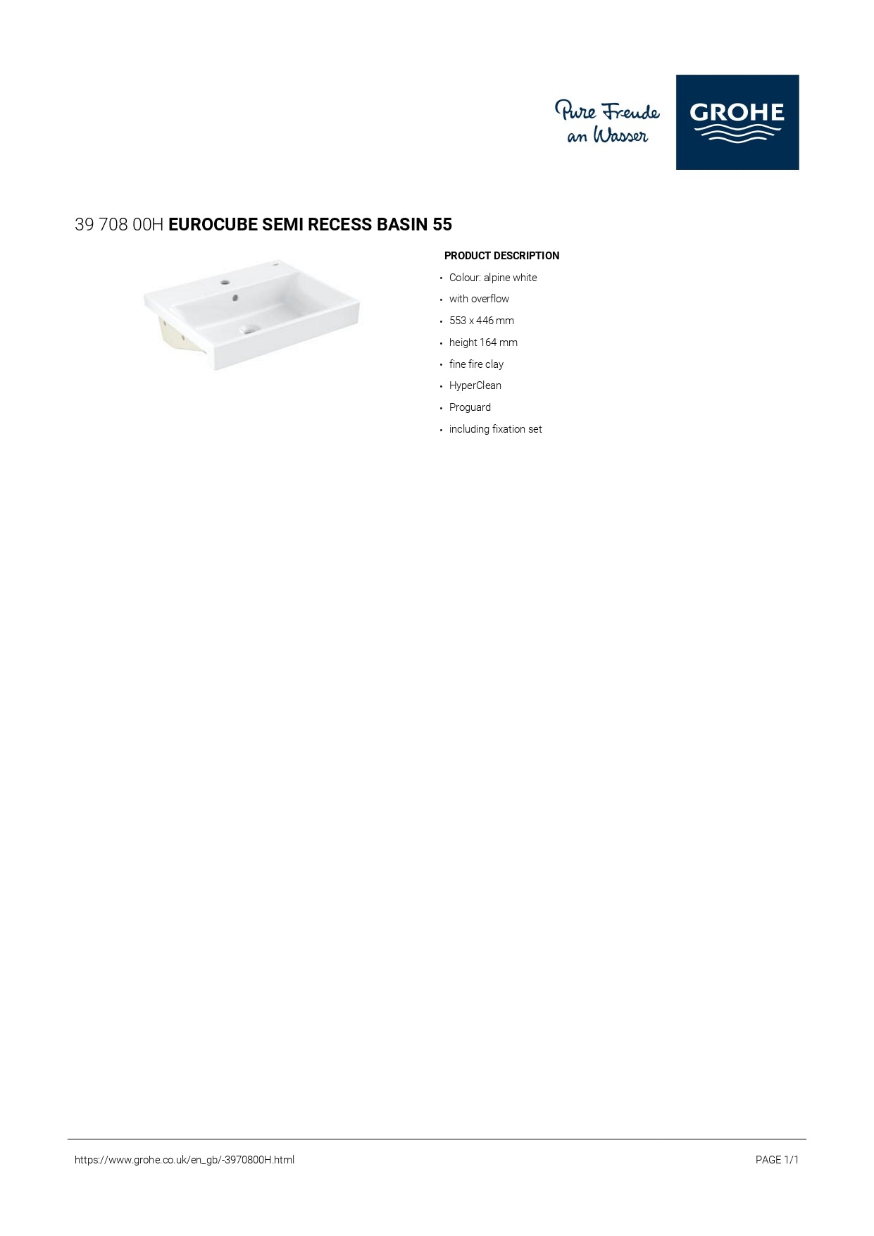 Grohe Eurocube Semi-recessed Basin 55 Alpine White | Grohe Wash Basin 3970800H
