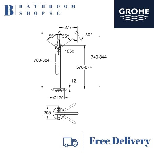 Grohe Essence Single Lever Floor Mounted Free Standing Bathtub Mixer 23491001 Chrome U-spout