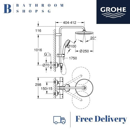 Grohe Tempesta Cosmopolitan 250 Rainshower System with Thermostatic Shower Mixer 26670GL0 Cool Sunrise