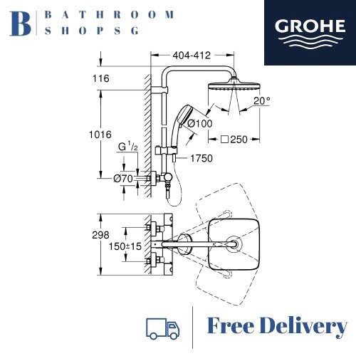 Grohe Tempesta Cosmopolitan 250 Rainshower System with Thermostatic Shower Mixer Cube 26689AL0 Hard Graphite