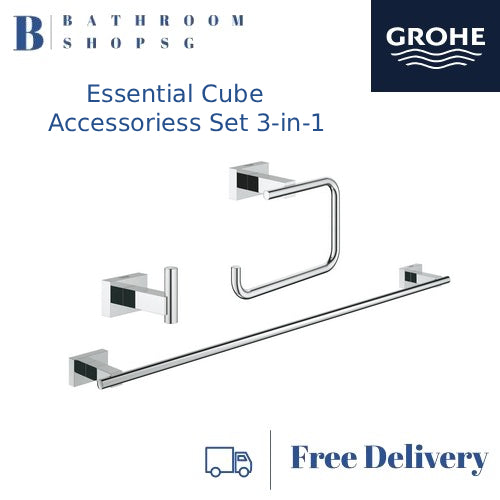 Grohe 40777001 Essentials Cube 3-in-1 Guest Bathroom Accessories Set | Grohe Towel Rail | Paper Holder