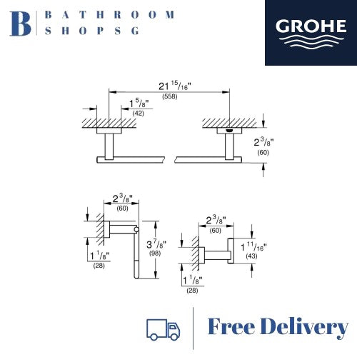 Grohe 40777001 Essentials Cube 3-in-1 Guest Bathroom Accessories Set | Grohe Towel Rail | Paper Holder