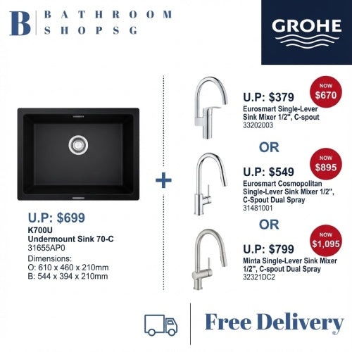 [Grohe Year-End Promo] K700U Undermount Kitchen Sink 31655AP0 with Grohe Kitchen Sink Mixers Bundle Set