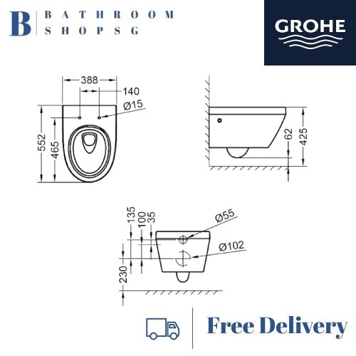 Grohe Euro Ceramic WC Wall Hung Toilet Bundle 100999SH00 | Grohe Rapid SL with Cistern &Flush Plate