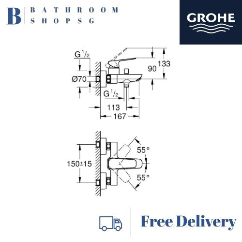 Grohe Cubeo Wall Mount Single-Lever Bath Mixer 1018130000 Chrome