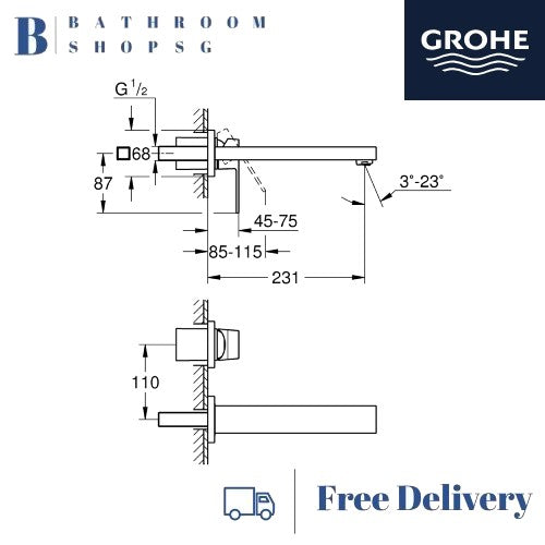 Grohe Eurocube 2-hole Basin Mixer M-size | Grohe Wall Mount Conceal Faucet 23447000