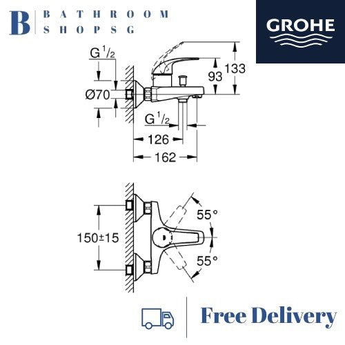 Grohe BauCurve Single-Lever Bath Mixer with Diverter 23599000 Chrome Faucet