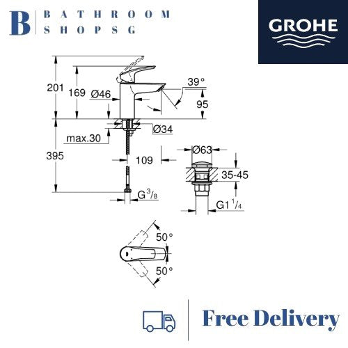 Grohe Eurocosmo Counter Top Basin 60 Alpine White 39291000 with Grohe Eurosmart Single-lever basin mixer S-Size 23922003