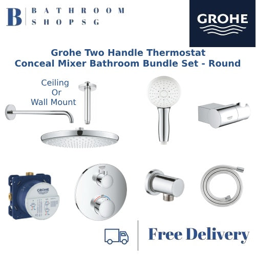 Grohe Two Handle Thermostat Concealed Mixer Bathroom Bundle Set - Round | Grohe 35600000 24076000 26662000