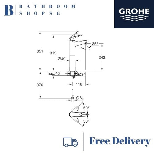 Grohe EuroEco Single-Lever Vessel Basin Mixer XL-Size 24289001 Chrome