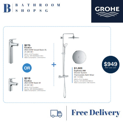 [March-April Promo]Grohe Euphoria 260 Rainshower System Thermostatic Bath Mixer 26114002 with EuroEco Basin Mixer