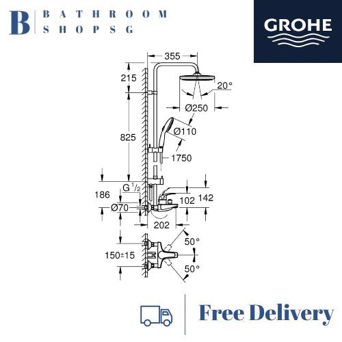 Grohe Tempesta 250 Rainshower system with Bath Mixer 26674001