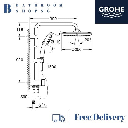 Grohe Tempesta System 250 Flex Shower system with Diverter for wall mounting 26675001 Rainshower