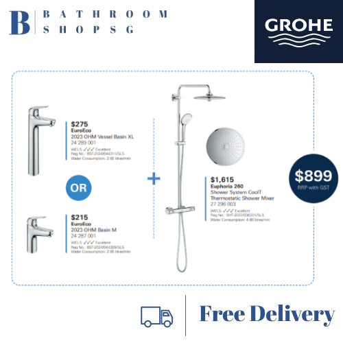 [March-April Promo] Grohe Euphoria 260 Shower System CoolT Thermostatic Shower Mixer 27296003 with EuroEco Basin Mixer
