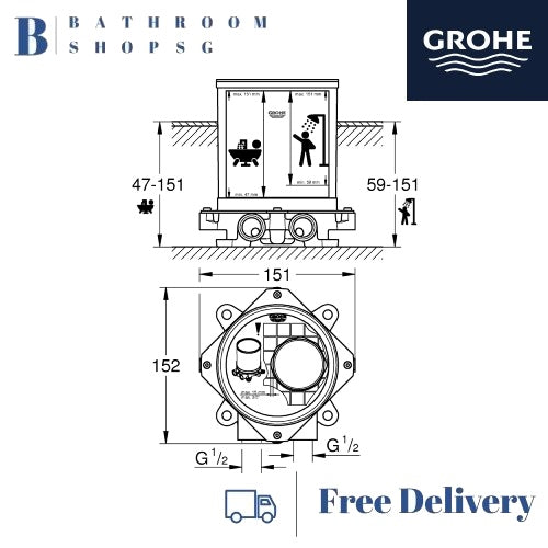 Grohe Rough-in Set 1/2" 29086000 | Concealed Body for Floor Mounted Bath Tub Spout and Mixer