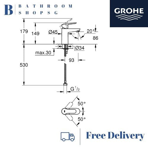 Grohe BauEdge Single-Lever Basin Mixer S-Size 32858000 | Bathroom Faucet