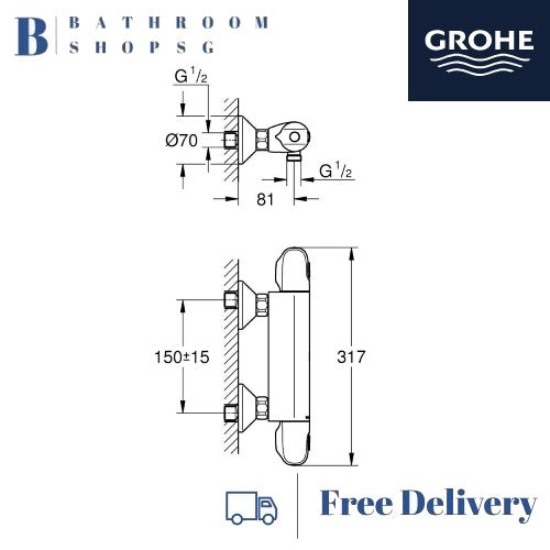Grohe Grohtherm 1000 Thermostat Exposed Shower mixer 34814003 | Bathroom Wall Mount Faucet