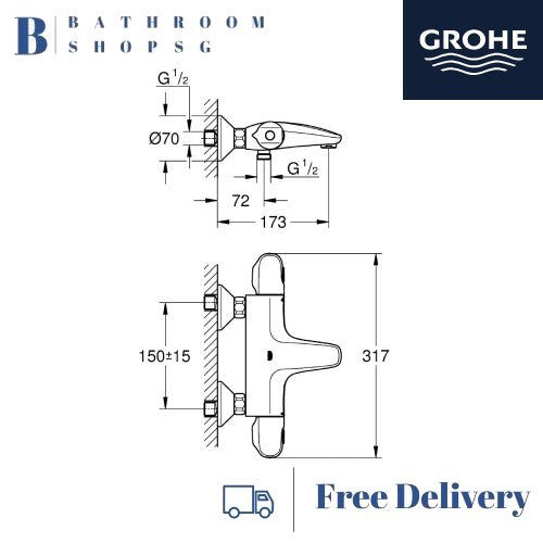 Grohe Grohtherm 1000 Thermostat Exposed bath mixer 34816003 | Wall Mount Shower Faucet