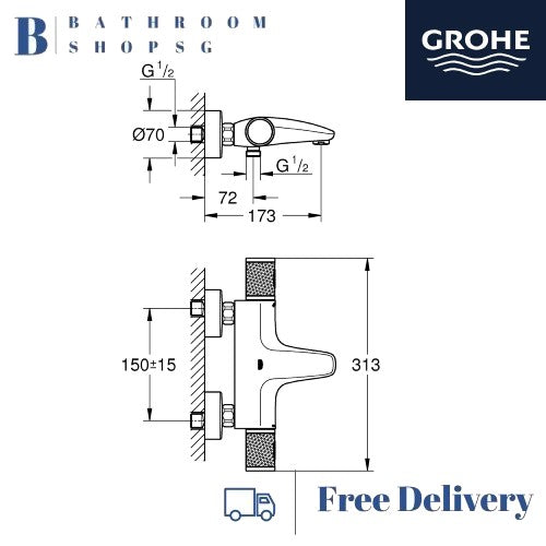Grohe Grohtherm 1000 Performance Thermostatic Exposed bath mixer 34830000