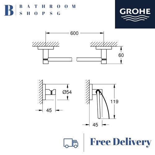 Grohe 40775001 Essentials 3-in-1 Guest Bathroom Accessories Set | Grohe Towel Rail | Paper Holder