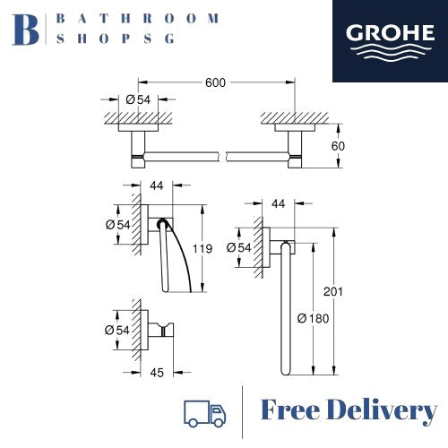 Grohe 40776001 Essentials 4-in-1 Master Bathroom Accessories Set | Grohe Towel Rail | Paper Holder