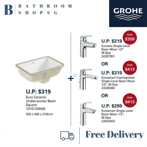 [Grohe Year-End Promo] Euro Ceramic Undercounter Basin Square 101012SH00 with Euro Series Basin Mixers Bundle Set