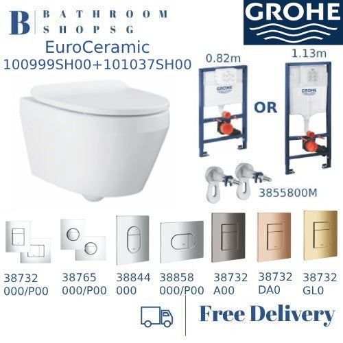Grohe Euro Ceramic WC Wall Hung Toilet Bundle 100999SH00 | Grohe Rapid SL with Cistern &Flush Plate