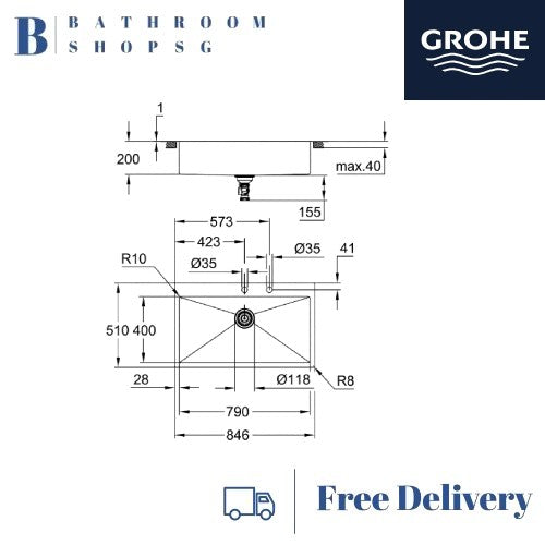 Grohe K800 Stainless Steel 90-S Top Mount Big Single Bowl Kitchen Sink 31584SD1