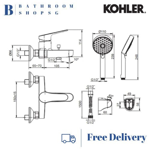 Kohler ACCLIV Exposed Wall Mount Bath Mixer K-33079T-4E2-CP with Hand shower Set