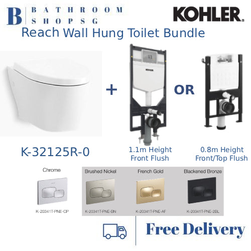 Kohler Reach Wall Hung Toilet K-32125R with Cistern Wall Brackets and Flush Plate Bundle Set