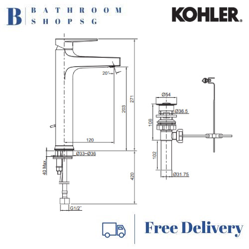 Kohler Taut Tall Lavatory Faucet K-74026T-4E2-CP Basin Mixer Chrome