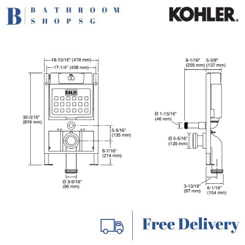 Kohler Reach Wall Hung Toilet K-32125R with Cistern Wall Brackets and Flush Plate Bundle Set