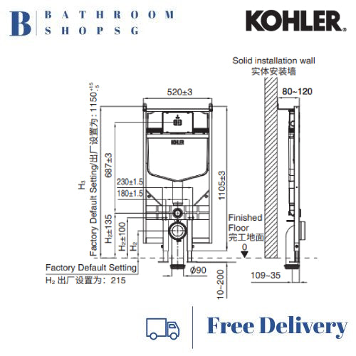 Kohler Reach Wall Hung Toilet K-32125R with Cistern Wall Brackets and Flush Plate Bundle Set
