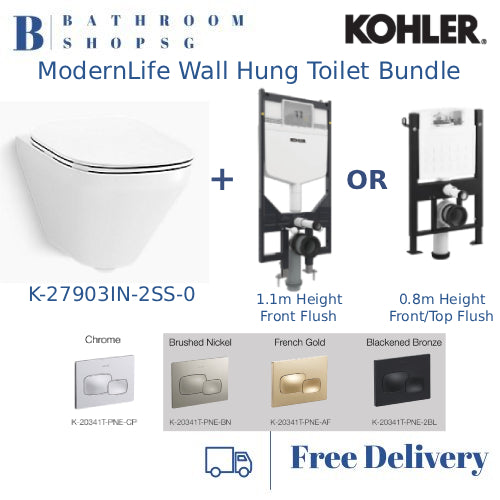 Kohler ModernLife Wall Hung Toilet K-27904IN-SS-0 with Cistern Wall Brackets and Flush Plate Bundle Set